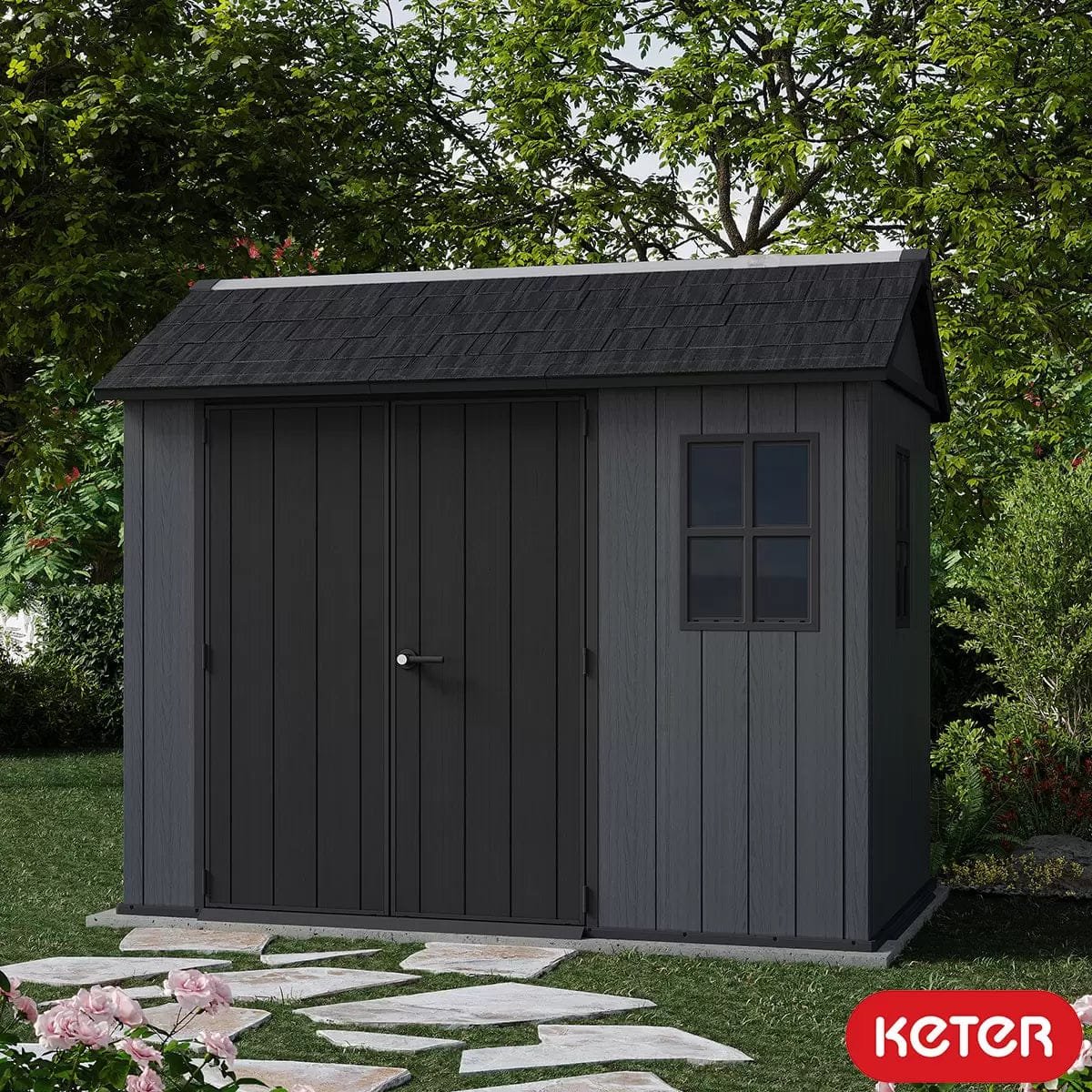Keter 9’x7.5′ Newton Plus Side Entry Plastic Shed – Dark Grey - Image 2