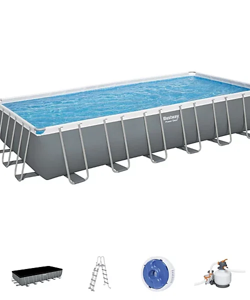 Bestway 24ft x 12ft x 52" Rectangular Power Steel Above Ground Swimming Pool, Sand Filter Pump & Accessories (2024 Version)