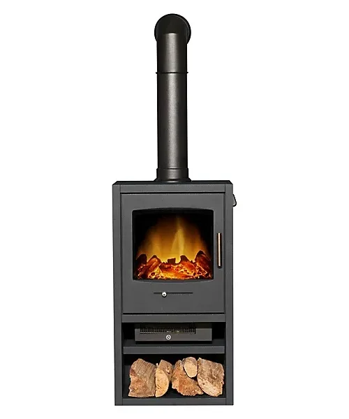 Adam Bergen XL Electric Stove in Charcoal Grey with Tall Angled Stove Pipe in Black