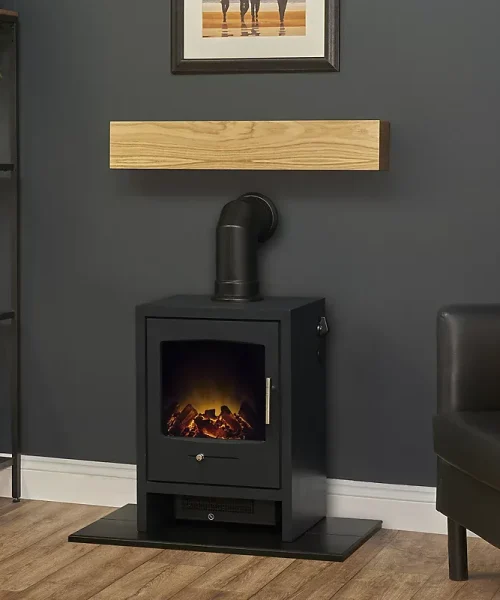 Adam Oak Beam, Hearth & Stove Pipe with Bergen Stove in Charcoal Grey