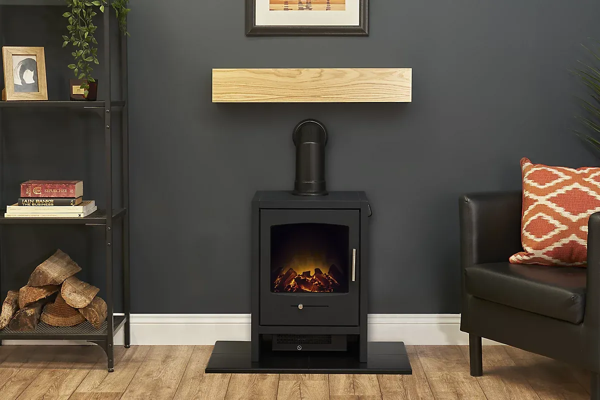 Adam Oak Beam, Hearth & Stove Pipe with Bergen Stove in Charcoal Grey - Image 2