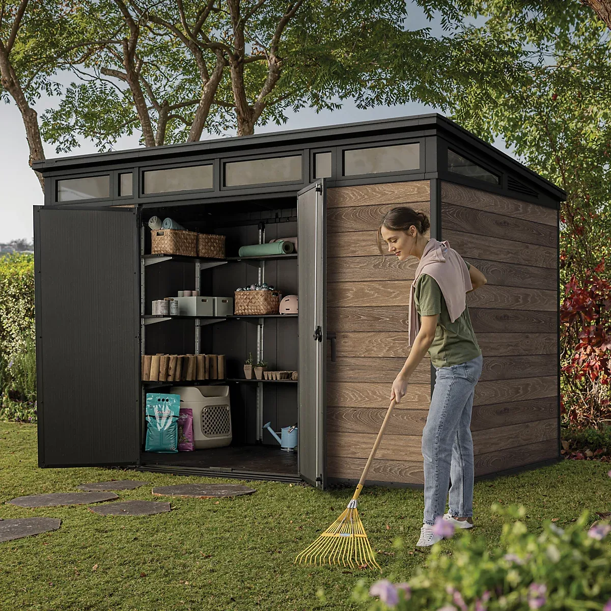 Keter Signature 7x11 ft Pent Walnut Plastic 2 door Shed with floor & 8 windows - Image 12