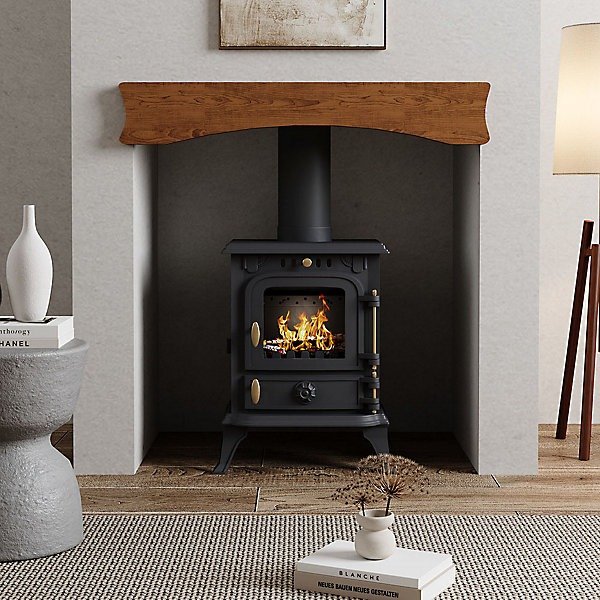 5KW Cast Iron Eco Design Stove MultiFuel Wood Burning Stove Fireplace with H 32cm Metal Stove Pipe